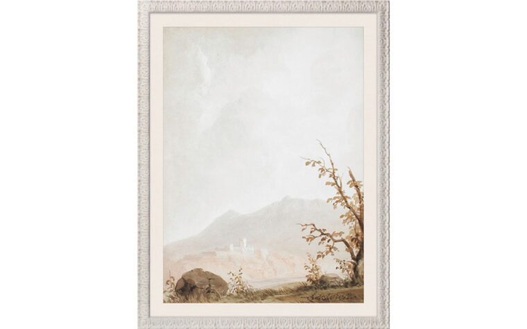 Italian landscape painted on a canvas with a tree and a rock in the foreground