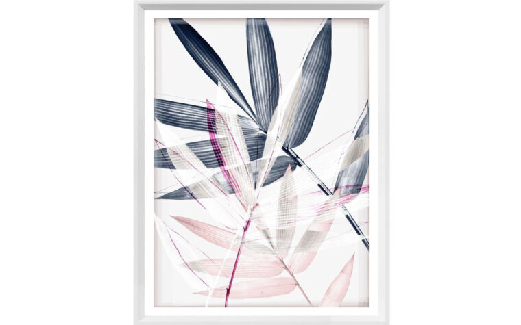 Indigo, blush pink and magenta leaves on a white background with a hint of taupe