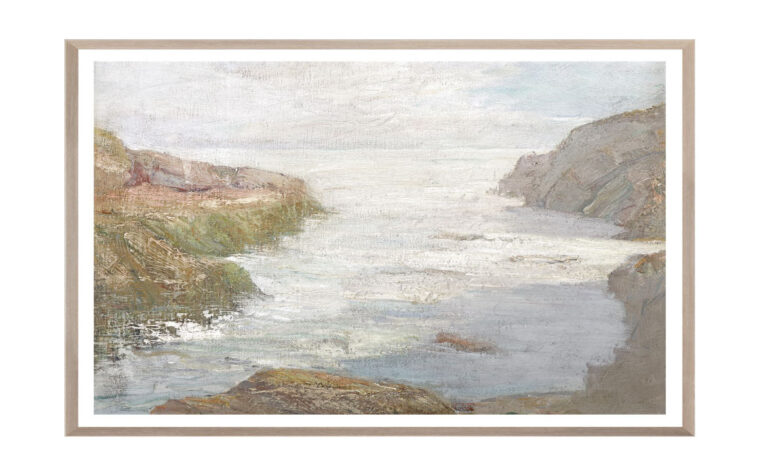 A seascape of pastels in between large rocks