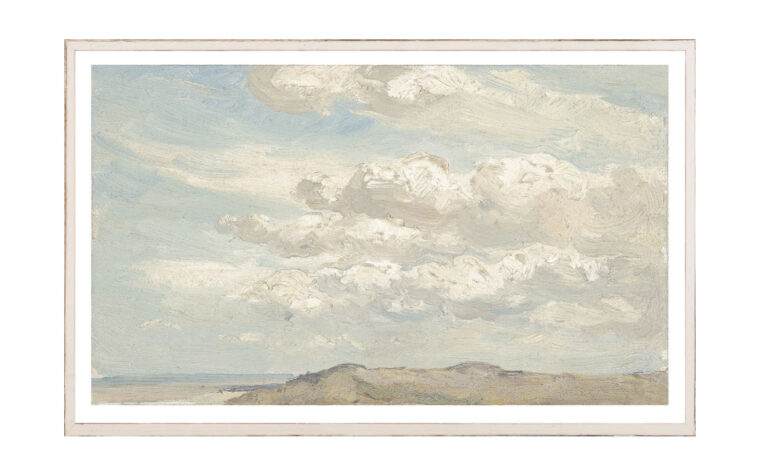 An oil painting on linen of dunes complemented by a cloudy sky