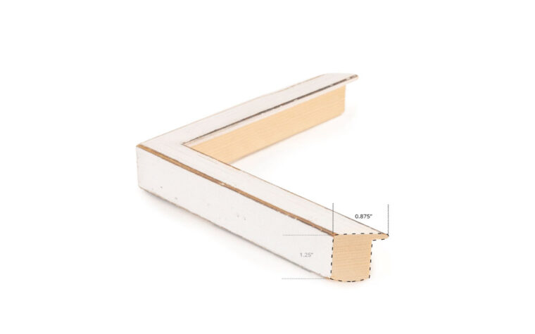 White distressed frame around the oil painting and its dimensions