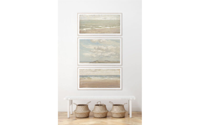 oil painting on linen hung on a wall complemented by two similar paintings