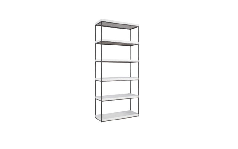 Modern open shelves with mixed materials on an angle
