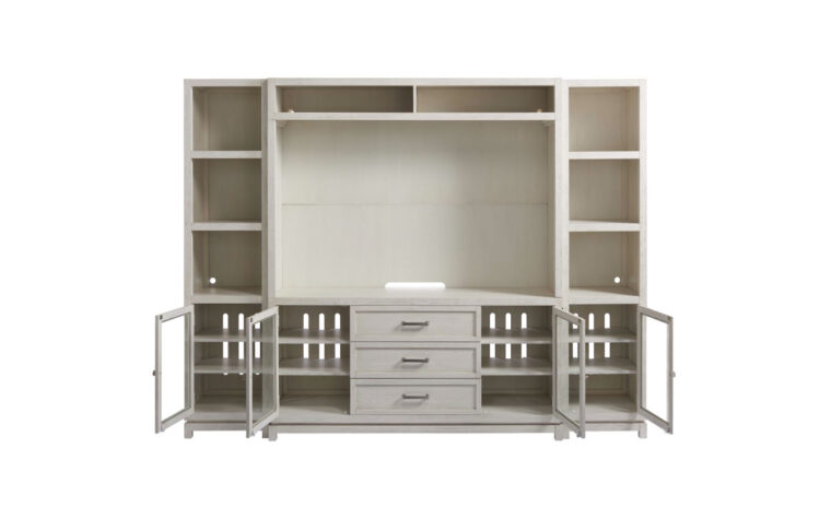 Complete wall unit with open glass doors