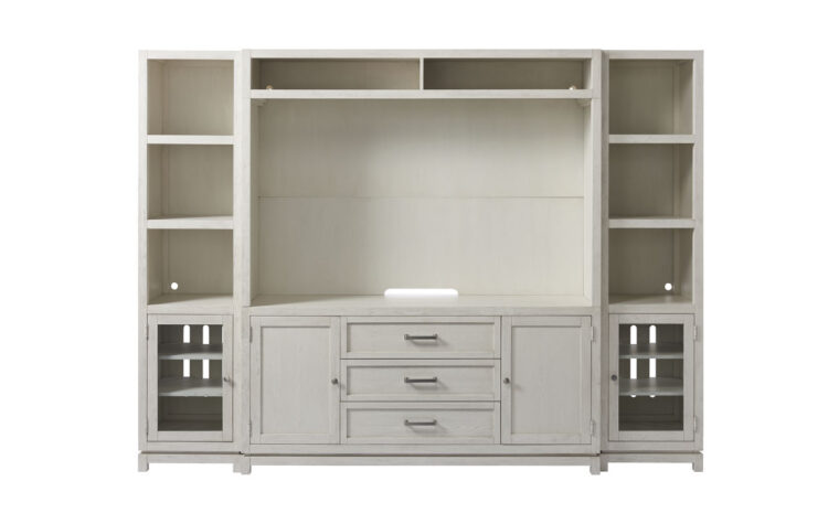 Complete wall unit with wood and glass paneled doors