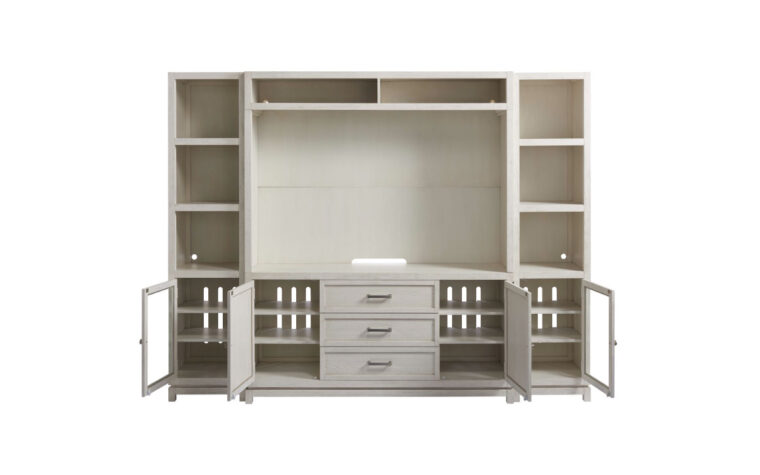 Complete wall unit with wood and glass open doors