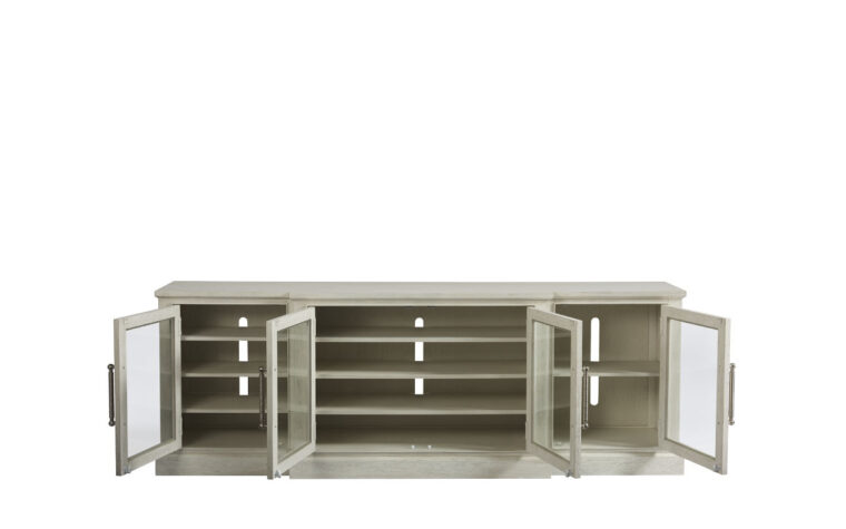 Entertainment console with glass doors and wooden shelves