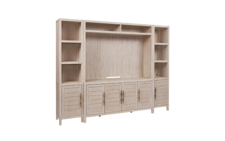 Media wall unit with six doors and eight open shelves