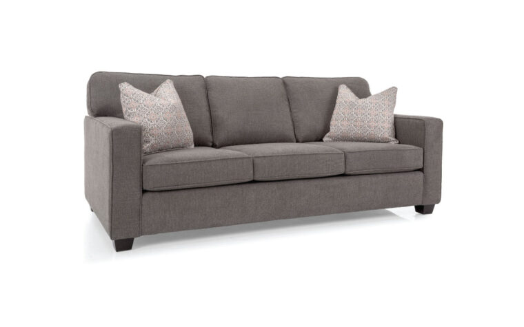 Transitional sofa in a grey fabric with two throw pillows