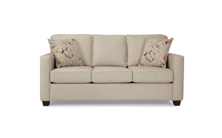 Transitional sofa in a tan fabric front view