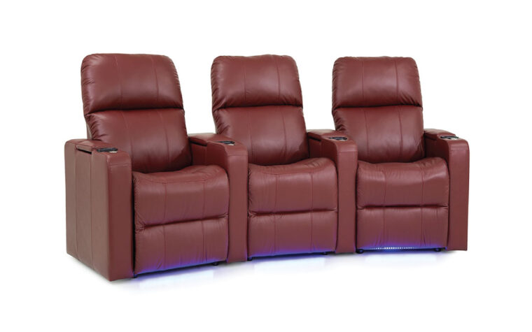 Angle and front view of red leather upholstered theatre seating with bottom chair led lights