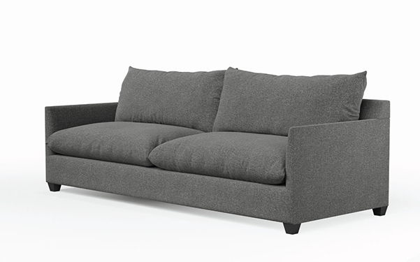 Feather filled two cushion sofa on an angle