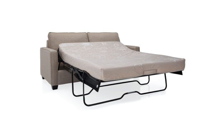 Sofa bed pulled-out in tan fabric on an angle