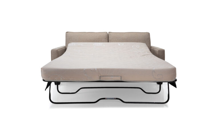 Sofa bed pulled-out in tan fabric front view