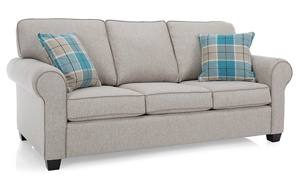 Beige fabric sofa with round arms