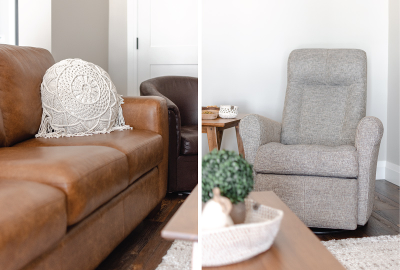 brown sofa and grey chair in transitional living room
