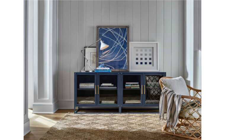 Cabinet with a deep blue finish in a living room