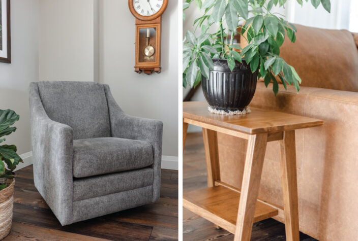 swivel grey chair with brown end table