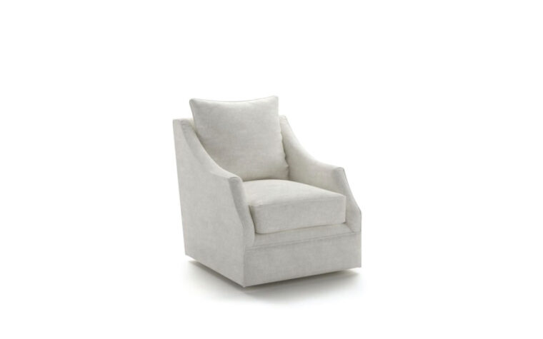 Modernized traditional swivel chair upholstered in a white fabric.