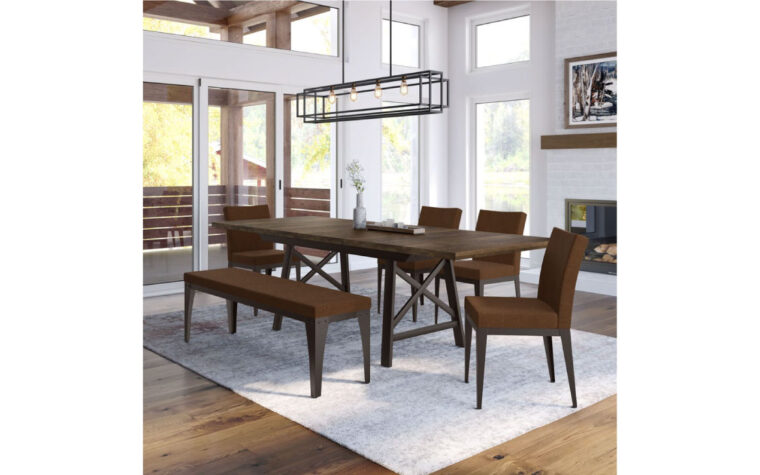 Dining table with wood table top in dining room