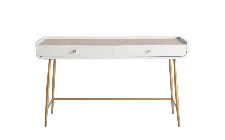 White and gold office desk with two drawers and pearl knobs.