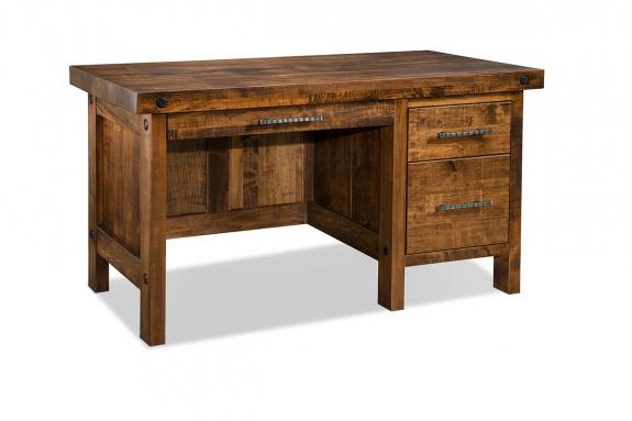 Modern rustic wood home office desk with two staked drawers on the right