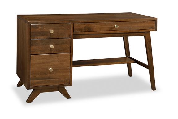 Warm stained wood office desk with 3 stacked drawers on left side