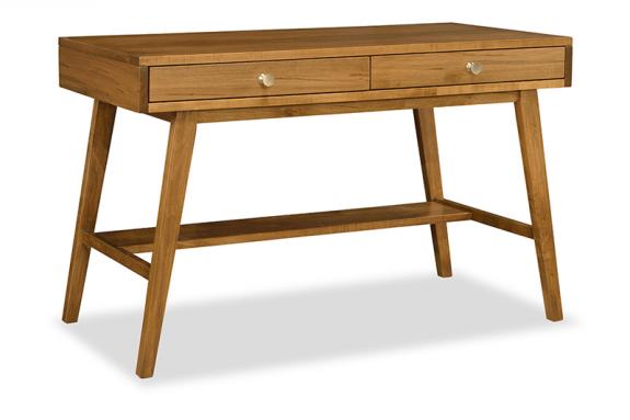 Light stained wood office desk with two drawers below desktop