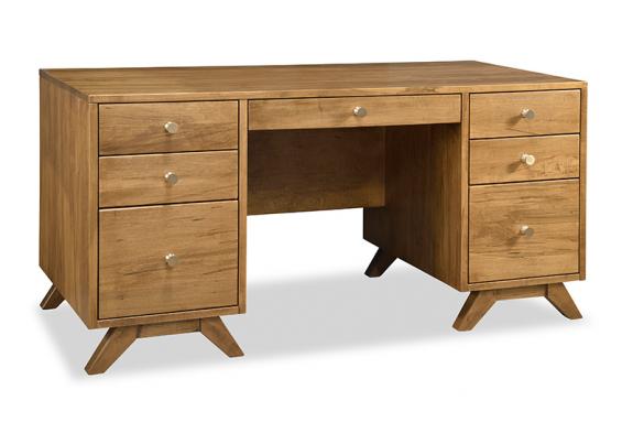 Light stained wood executive office desk with two sides of three staked drawers