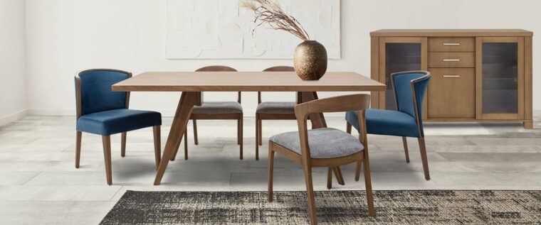Solid wood dining table surrounded by customizable solid wood blue velvet dining chairs. Featuring a solid wood sideboard apart of the DRC #753 set. 