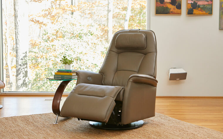 Fjords norwegian brown leather swivel recliner partially reclined
