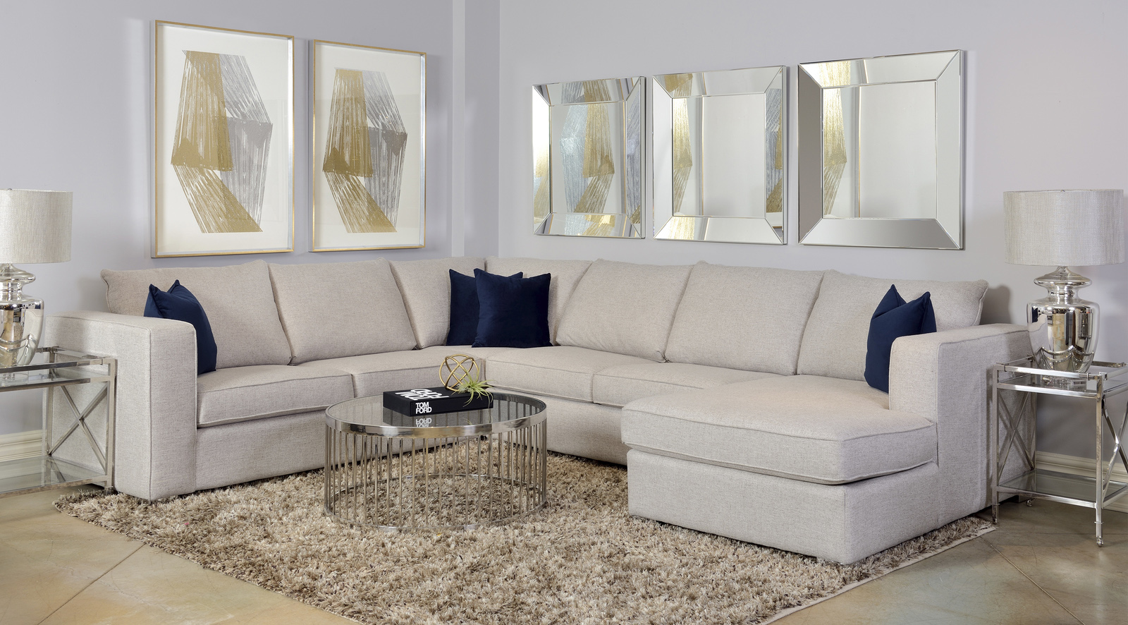 Online Canadian Furniture pick from Decor-rest. A cream sectional with chaise and toss pillows in a finished living room setting.