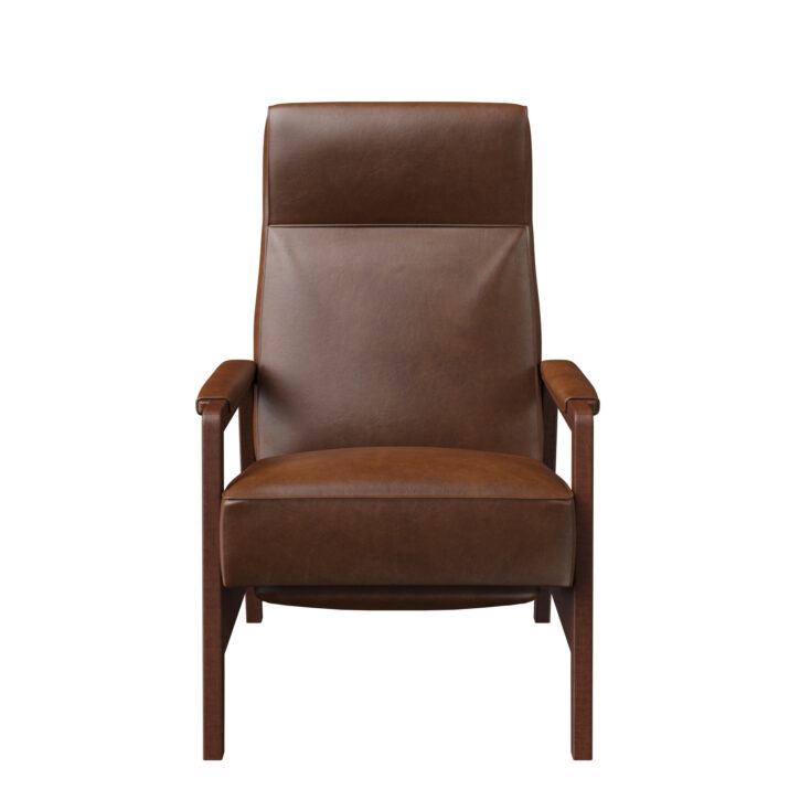 Front shot of the Oxford recliner from Vogel by Chervin in brown leather and walnut arms and legs