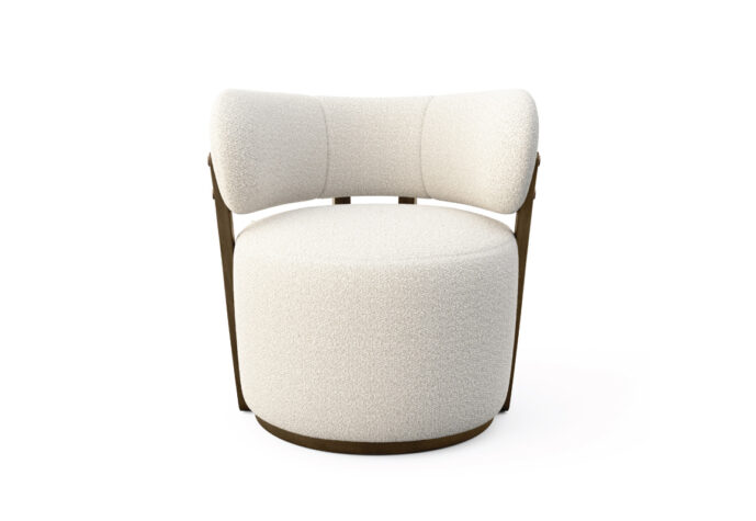 zara modern swivel chair with exposed wood frame front view
