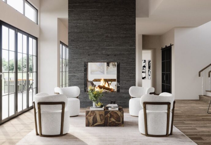 zara modern swivel chair with exposed wood frame in a dream home living room