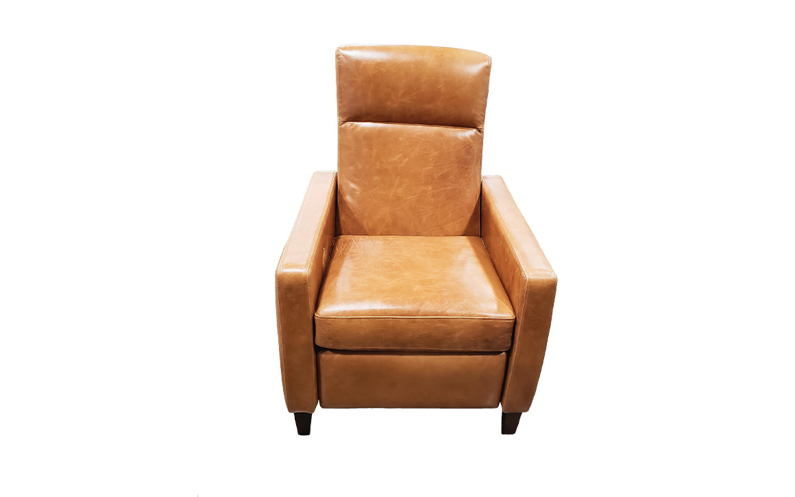Front shot of the Bexley Power Recliner from Vogel by Chervin in camel coloured leather
