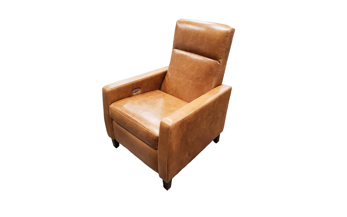 Side shot of the Bexley Power Recliner from Vogel by Chervin in camel coloured leather