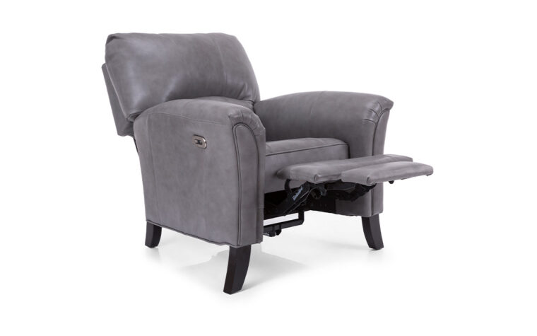 Angled shot of the Decor-Rest 3450 Recliner Chair in gray leather with the footrest out