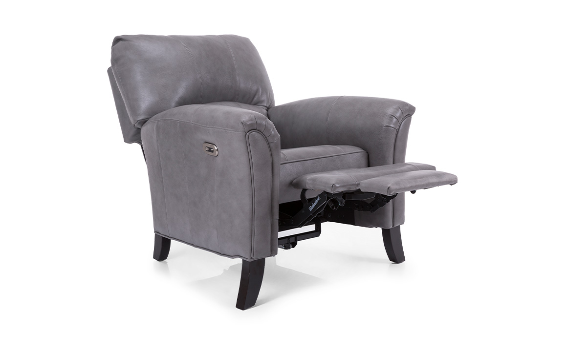 Angled shot of the Decor-Rest 3450 Recliner Chair in gray leather with the footrest out