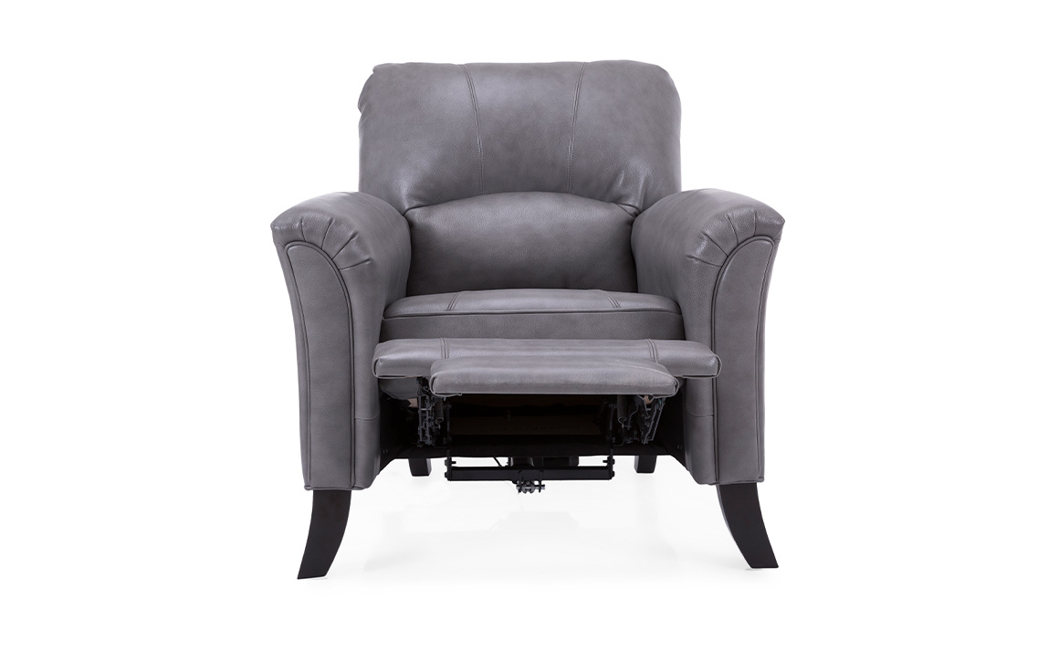 Front shot of the Decor-Rest 3450 Recliner Chair in gray leather with the footrest out