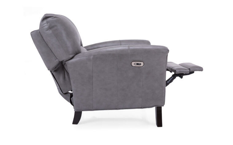 Side shot of the Decor-Rest 3450 Recliner Chair in gray leather in a reclining position