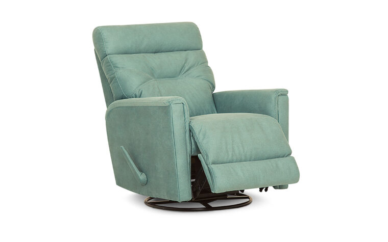Angled shot of the Denali Palliser Recliner Chair in a blue green fabric