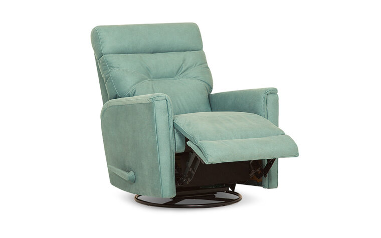Angled shot of the Denali Palliser Recliner Chair in a blue green fabric with the footrest up