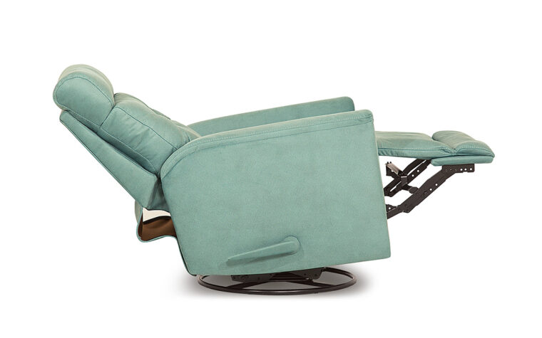Side shot of the Denali Palliser Recliner Chair in a blue green fabric with the chair fully reclining