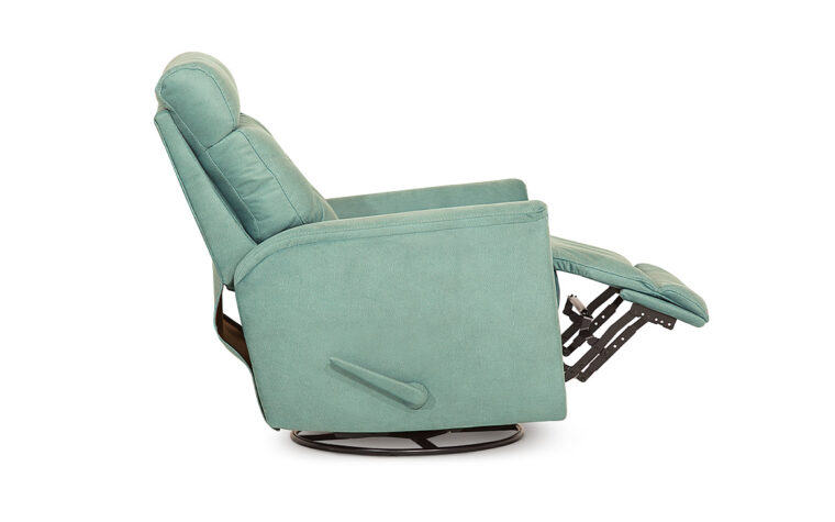 Side shot of the Denali Palliser Recliner Chair in a blue green fabric with the chair partially reclining