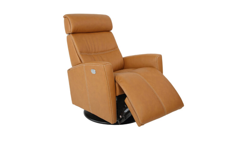 Angled shot of a reclining Fjords Milan modern recliner in cognac leather