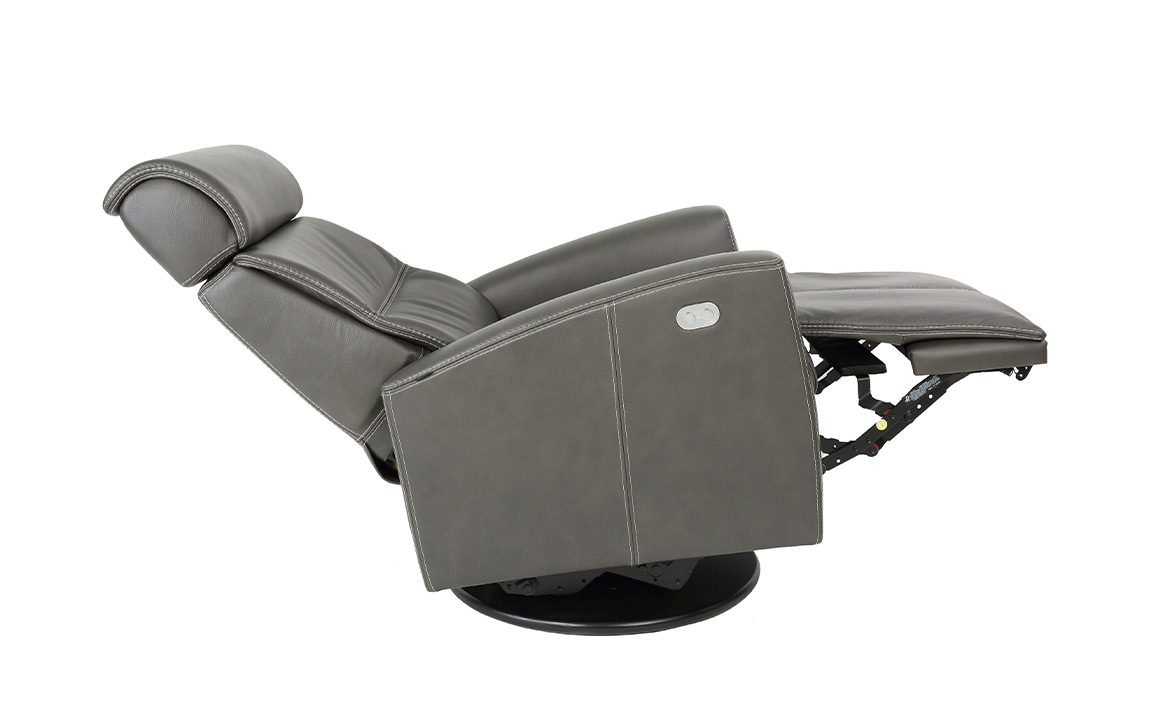 Side shot of Fjords Milan modern recliner in slate leather with chair fully reclined