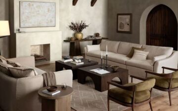 Four Hands Fausto coffee table styled in modern living room.