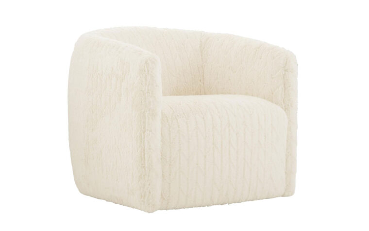 Angled shot of the Aline fabric swivel barrel chair by Bernhardt with rounded sides and arms in a soft, white faux fur fabric