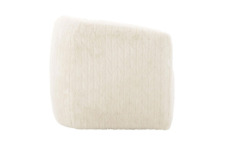 Side of the Aline fabric swivel barrel chair by Bernhardt with rounded sides and arms in a soft, white faux fur fabric